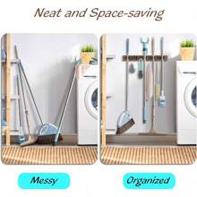 Mop And Broom Holder Wall Mount - Rustic Wood Broom Mop Hanger - Wall Mounted Garden Tool Rack Organizer For Closet Garage Laundry Room Kitchen Decor With 4 Slots & 4 Hooks - Brown-5 Slots - View 4