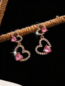 1 Pair Pink Hollow Heart Earrings, Elegant Pink Crystal Heart Shaped Simple Earrings, Spring/Summer - Style 1 - View 4