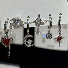 6件套哥特风红色水晶星星爱心黑色五芒星吊坠耳环，女士复古美学Y2K珠宝配饰 - 彩色 - 查看 10