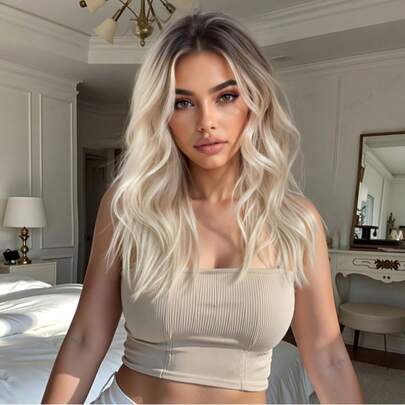 20inch Ombre Blonde Wavy Bob Wig For Women - Shoulder Length, Middle Part, Heat Resistant Synthetic Fiber, Natural Looking, Blonde Wig,Dopamine Style,Beauty Holiday Essentials,Musthave For Beginners,High Quality,Wigs For Women, And Versatile,Versatile For Daily & Party&Cosplay&Festival&Music Festival Parties Use ,Elegant Style , Fashion Must-Haves