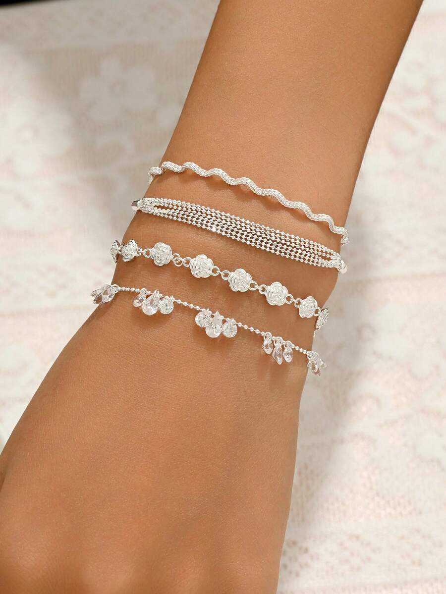 1pc S925 Sterling Silver 3D Rose Flower Bracelet, Fashionable & Elegant Jewelry For Daily Wear, Holiday Gift - Silver - View 1