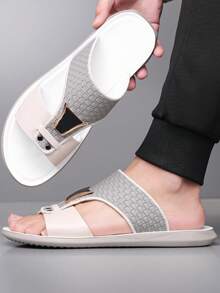 Men's Summer New Straw Textured Fabric Fashion Buckle Beach Sandals, Plus Size Casual Arabic Style Slippers - Beige - View 5