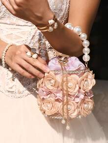 奢华女士撞色珍珠花朵晚宴包，精致水桶包，斜挎包，完美适用于晚宴和派对，可搭配日常装、正装、舞会礼服、生日礼服。 - 彩色 - 查看 9