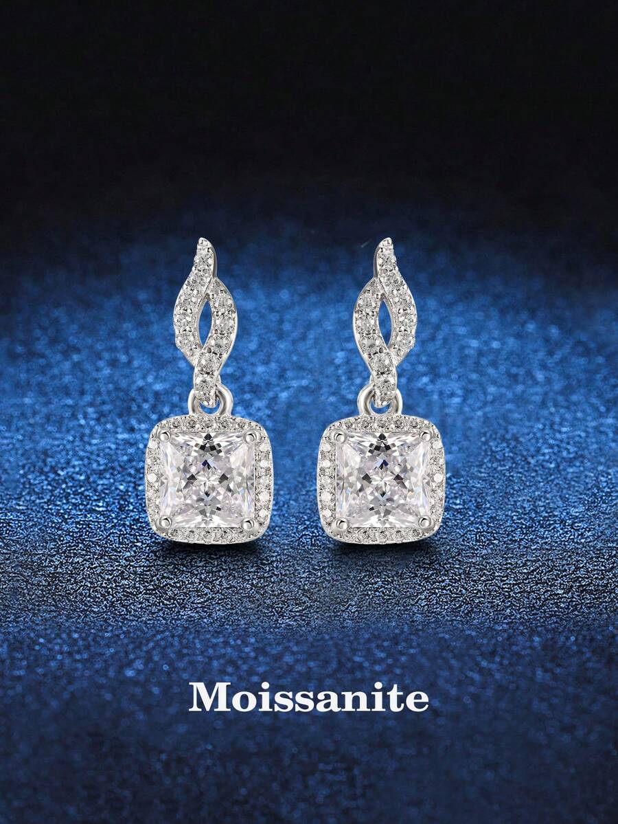 BLOVEMEE 2pcs Luxury 925 Sterling Silver 0.5Carat X 2 Princess Cut Moissanite Stud Earrings, Suitable For Women's Daily Wear, Party, Holiday, Mother's Day, Birthday, Wedding Anniversary, Women's Jewelry Gift
