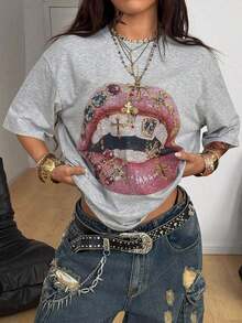 2026 Summer ShirtCoolane Women's Summer Concert Streetwear Vintage Casual Y2K Hippie Old Money Comfortable Lips Graphics Oversized White TeesLoose An - 淺灰色 - 查看 3
