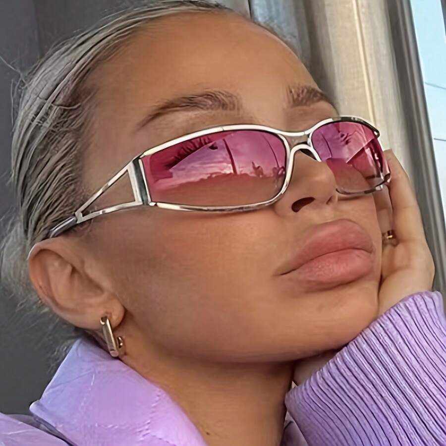 A Pair Of Y2K Cool Girl Hollow Professional Glasses 2024 New Retro Glasses Future Style Personality Street Style Glasses For Women Party - 銀色全灰色 - 查看 1