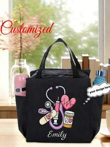1pc Customized Name Nurse Tote Bag,Personalized Stethoscope Tote Bag, Personalized Lunch Bag With Nurse-Themed, Custom Name, Themed Design With Heartbeat & Stethoscope Print, Portable Insulated Lunch Bag Double Pocket Lunch Bag