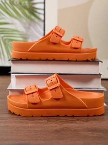 新款厚底可调节绑带拖鞋，女士时尚百搭通勤度假高弹无异味EVA防滑柔软舒适休闲减震拖鞋 - 橘色 - 查看 8