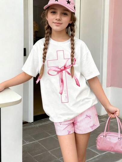 Tween Girls' Casual Chic Commute Cross & Bow Print Drop Shoulder Loose T-Shirt And Striped Shorts Set, Summer