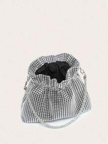 1件装女士优雅褶皱水钻方形手拿包，百搭简约设计，适合晚间外出 - 銀色 - 查看 5