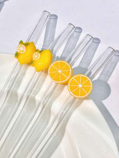 1pc Cute Yellow Lemon Cartoon Pattern Glass Straw, Reusable Bendable Glass Straw With Cleaning Brush, Suitable For Drinking Milkshakes, Milk, Tea, Juice, Cocktails And Various Cold Drinks, Great Gift For Girlfriend, Also Suitable For Use In Dessert Shops, Sparkling Water Retailers, Snack Bars, Offices, Bars, And Restaurants. Exclusive For Valentine's Day And New Year.
