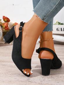 女士圆头舒适粗跟凉鞋，优雅搭扣黑色高跟凉鞋 - 黑色 - 查看 3