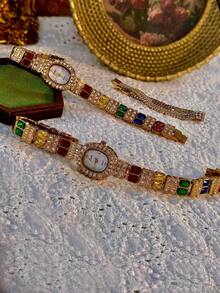 1pc New Luxury Colorful Gemstone & Crystal Inlaid Vintage Elegant Fashion Women's Watch, Oval Faux Pearl Dial, 30M Water Resistant, Suitable For Daily Wear, Parties, Vacations And Outings - Gold - View 2