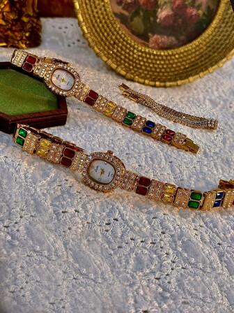 1pc New Luxury Colorful Gemstone & Crystal Inlaid Vintage Elegant Fashion Women's Watch, Oval Faux Pearl Dial, 30M Water Resistant, Suitable For Daily Wear, Parties, Vacations And Outings