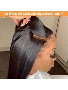 16英寸无胶假发，真人混纺发丝，预先拔毛，预先剪裁；13x4高清蕾丝闭合假发，真人混纺发丝，无胶佩戴，即戴即走；180%密度，波浪卷蕾丝前假发，真人混纺发丝，带婴儿发，自然黑；10-36英寸 - 自然色&黑色系 - 查看 2