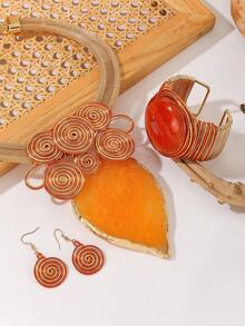 1 Set Handmade Exaggerated Multi-Layer Aluminum Wire Woven Resin Chain Bohemian European Middle Eastern Style Necklace, Earrings, Bracelet With Artificial Crystal Shapes, Suitable For Evening Party, Vacation - Orange - View 5