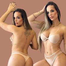 Sutian Tule Illusion Transparência Conjunto Sutiã Usar Vestido Calcinha Sutia Vazado Costas abertas - Bege - Visão 10