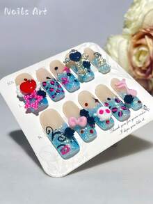 1 Piece Of Handmade Press-On Nail Art, Y2K Style, False Nails, Square Nails, Sweet Yet Cool Retro Nail Art, 3D Bow Rhinestone False Nails, Blue And Pink Glitter Leopard Print False Nails, Cute Nails, Valentine's Day Nail Art, High-End Quality, Reusable, Suitable For Women And Girls To Wear Daily Or On Holidays, And Also Makes A Gift. - Multicolor - View 3