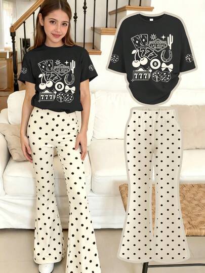 Girls' Artistic Design Print Round Neck Short Sleeve T-Shirt + Random Cut Polka Dot Full Print Flare Pants, New Summer Spring Girls Outfit