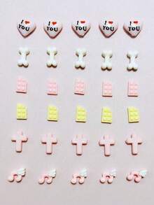 30件装情人节可爱甜美日式粉色巧克力爱心石音符十字架白骨美甲饰品八音符摆件手机壳打火机耳机装饰用品发夹手饰串珠DIY手工手链配件 - 彩色 - 查看 6