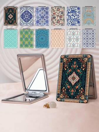 1 pieza Espejo de vanidad vintage bohemio con estampado floral, espejo de mano plegable, ligero y compacto, portátil, de cuero de PU duradero, adecuado para todas las ocasiones, diseño de estampado floral de patchwork geométrico, tapa que gira 180°, multifuncional