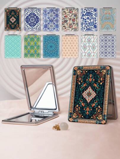 1pc Bohemian Vintage Floral Pattern Vanity Mirror, Foldable Lightweight Compact Portable Hand Mirror, PU Leather, Suitable For All Occasions, Geometric Patchwork Floral Print Design, 180° Flip Cover, Multi-Functional,Giveaways,Travel,Cheap Stuff,Travel Essential