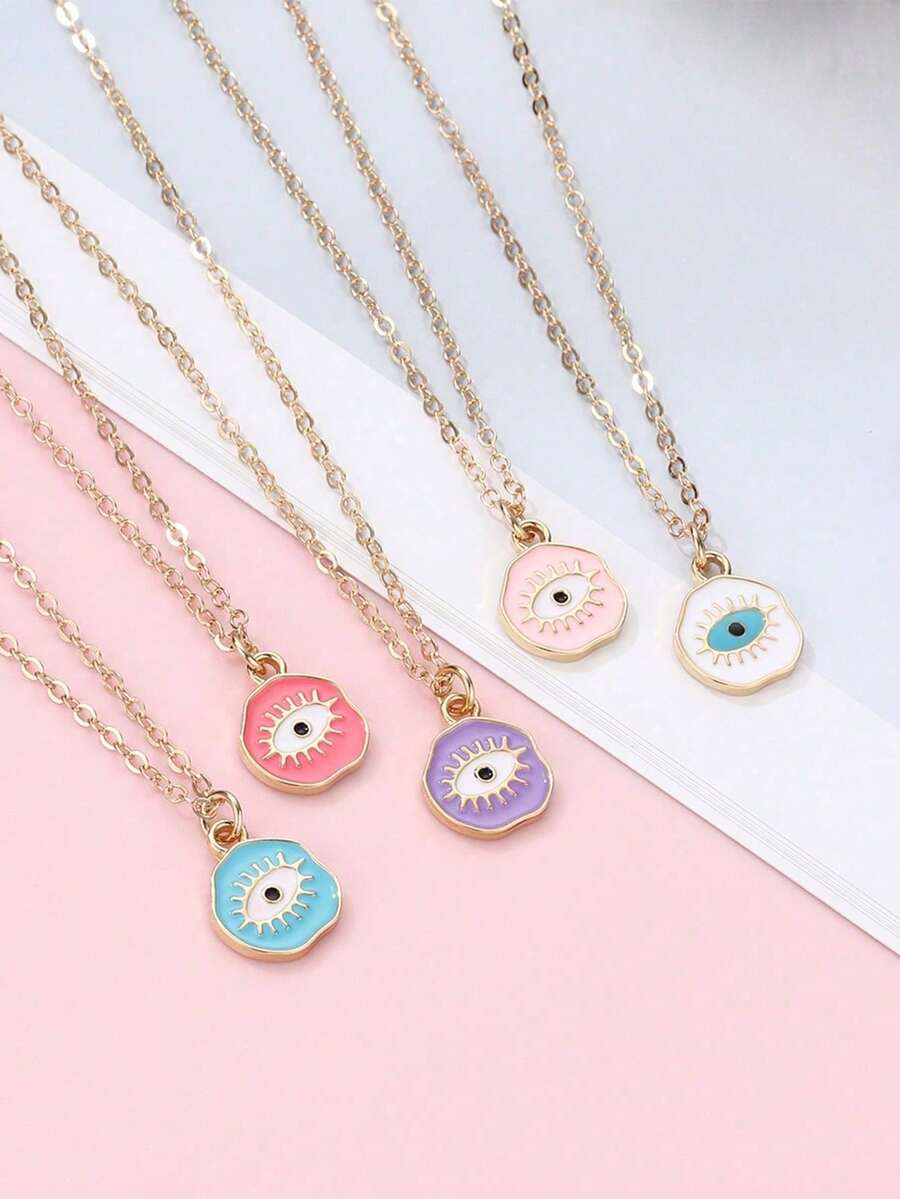 Bộ 5 dây chuyền mắt quỷ bằng hợp kim kẽm, có các màu xanh dương, đỏ, tím, hồng, trắng, thiết kế hình giọt dầu, thích hợp cho các bạn gái và bạn bè đeo hàng ngày. - Một cỡ - Xem 1