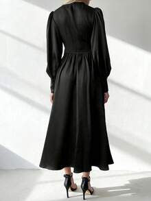Rochie de vacanță pentru plajă, elegantă, cu nasturi în față, cu fermoar și crăpături înalte, culoare solidă, pentru femei - Negru - Vizualizare 3