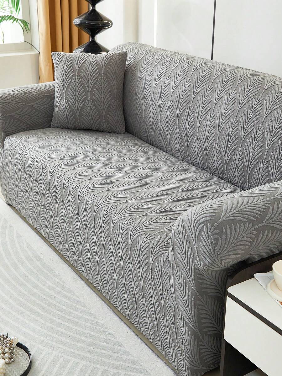 1件灰色叶子图案毛绒弹力沙发套（含1个枕套），北欧现代风格涤纶防尘防滑加厚沙发套，适用于1/2/3/4人沙发，尤其适合秋冬季沙发装饰 - 深灰色 - 查看 1