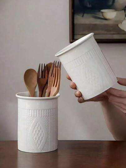 1pc New Simple White Ceramic Chopstick Holder, Multifunctional Kitchen Utensil Storage Jar (Can Hold Knives/Forks/Spoons), Decorative Vase, And 1pc Premium Firework Pattern Embossed Desktop Organizer, Suitable For Home, Office, Kitchen Counter