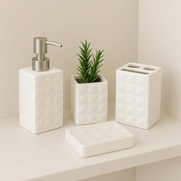 Kit Banheiro 4 Peças Textura Diamante Saboneteira Porta Escova Dente Ceramica Porta Sabonete Líquido