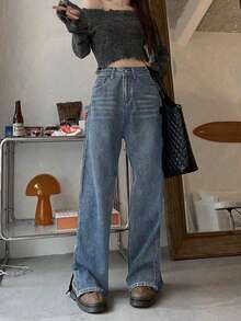 Solid Slit Hem Wide Leg Jeans - Lavagem escura - Visão 5