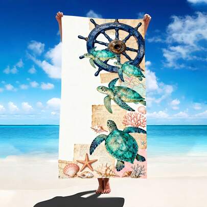 1条超大号海龟和航海元素锚图案沙滩巾，超强吸水超细纤维沙滩毯，适合旅行、游泳池、潜水、冲浪、瑜伽、露营等场合，多种尺寸可选，沙滩配件