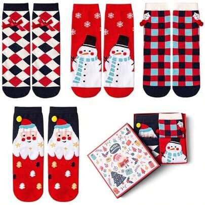4 Pares Calcetas Tenis Calcetines Navideños con Caja Regalos para Mujer Calcetines Divertidos Algodón Suave y Cómodo Transpirables Calcetas Antideslizantes para Decoración y Fiestas de Navidad