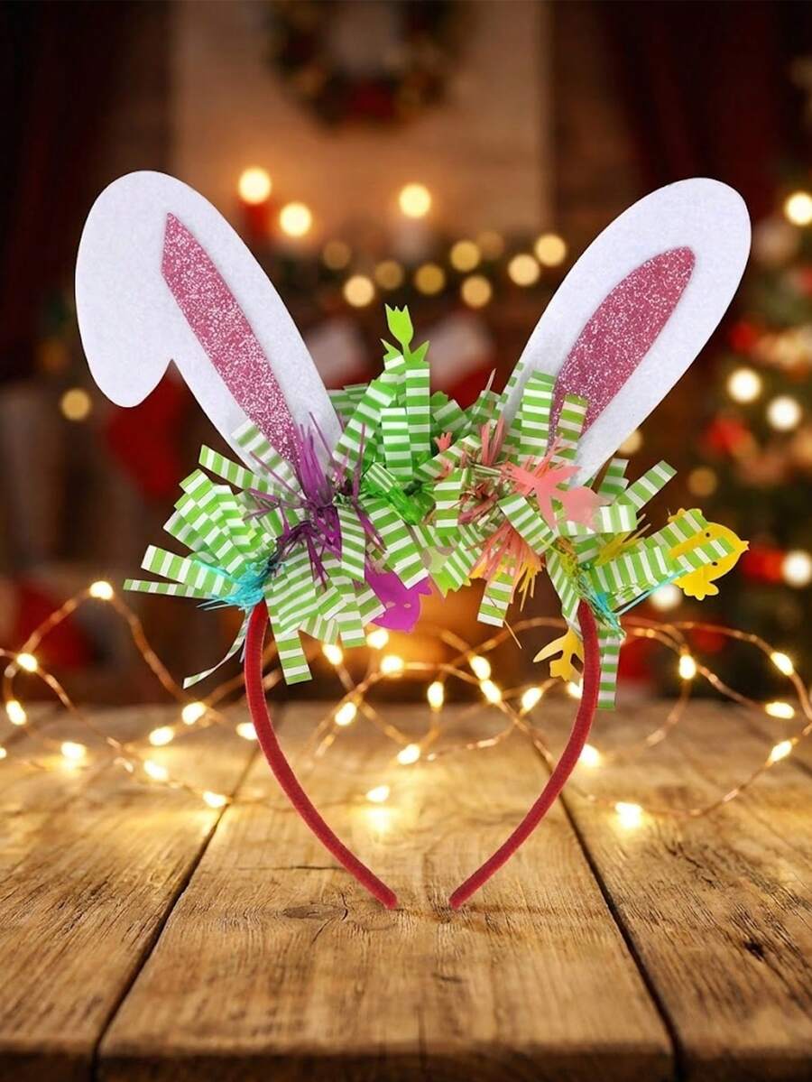 1pc Shiny Pink Bunny Ear Headband With Green Metal Wire And Cute Charm, Holiday Easter Party Costume Hair Accessory, Women Photo Prop - Multicolor - View 1