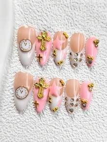 10pcs Y2K Cute Nail Stickers Set, Handmade Nail Art Decorations Including Clock, Cross, Champagne Rhinestone, Golden Beads, Pink & White Gel, Hand-Painted Stars, 3 Sizes Available (Almond, Duck, Coffin Shape), Comes With Tool Kit, Suitable For Women & Girls, Applicable For Parties, Celebrations, Birthdays, Daily Nail Care Nails Nail Supplies Handmade Press On Nails - Multicolor - View 3