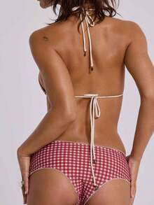 Women's Plaid Bikini Set Cute Swimwear For Summer Beaches Strappy Triangle Bottom Swimsuit Cruise Travel Halter Neck Slimming Swimwear - 紅色 - 查看 7