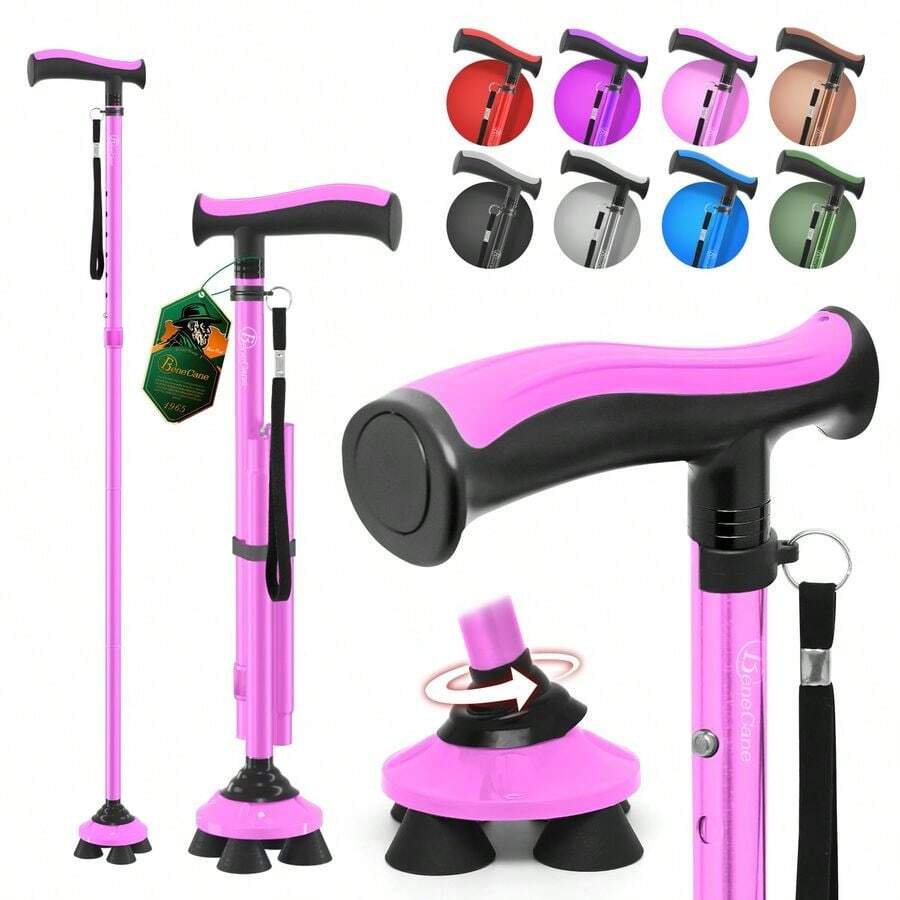 Bastn de Caminar para Hombres y Mujeres, bastn Plegable para Personas Mayores, bastn cudruple, Ajustable, Ligero, Resistente, con Mango en T Suave y Bolsa de Viaje - Rosa - Ver 1