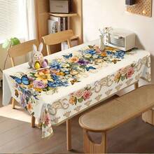 1件装2D复活节田园风格白色花朵蓝色蝴蝶米色桌布，有长方形和正方形两种形状可选。适用于客厅、餐厅和户外区域；厨房、餐桌、会议桌、茶几和梳妆台。 - 彩色 - 查看 3