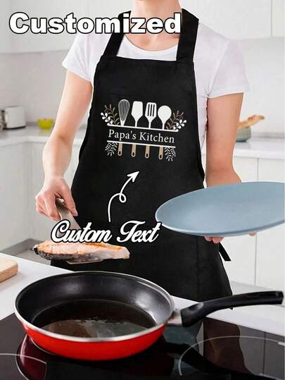 Customizable Waterproof And Oil-Resistant Apron, Minimalist Black Polyester Apron With Pockets, Customizable Logo And Text, Chef Apron, Ideal Unique Gift For Valentine's Day, Father's Day, Mother's Day, Birthday, Anniversary For Ladies, Chefs, Moms, Dads, Husbands, Girlfriends, Boyfriends, Weddings, Fashionable Household Kitchen Workwear, Kitchen Supplies, Family Harmony