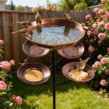 Antique Bronze Metal Dual Tier Bird Bath & Feeder - 5 Bowl Capacity, Rust-Proof, Sturdy Base, Easy Clean Garden Decor For Bird Lovers - 均碼 - 查看 1
