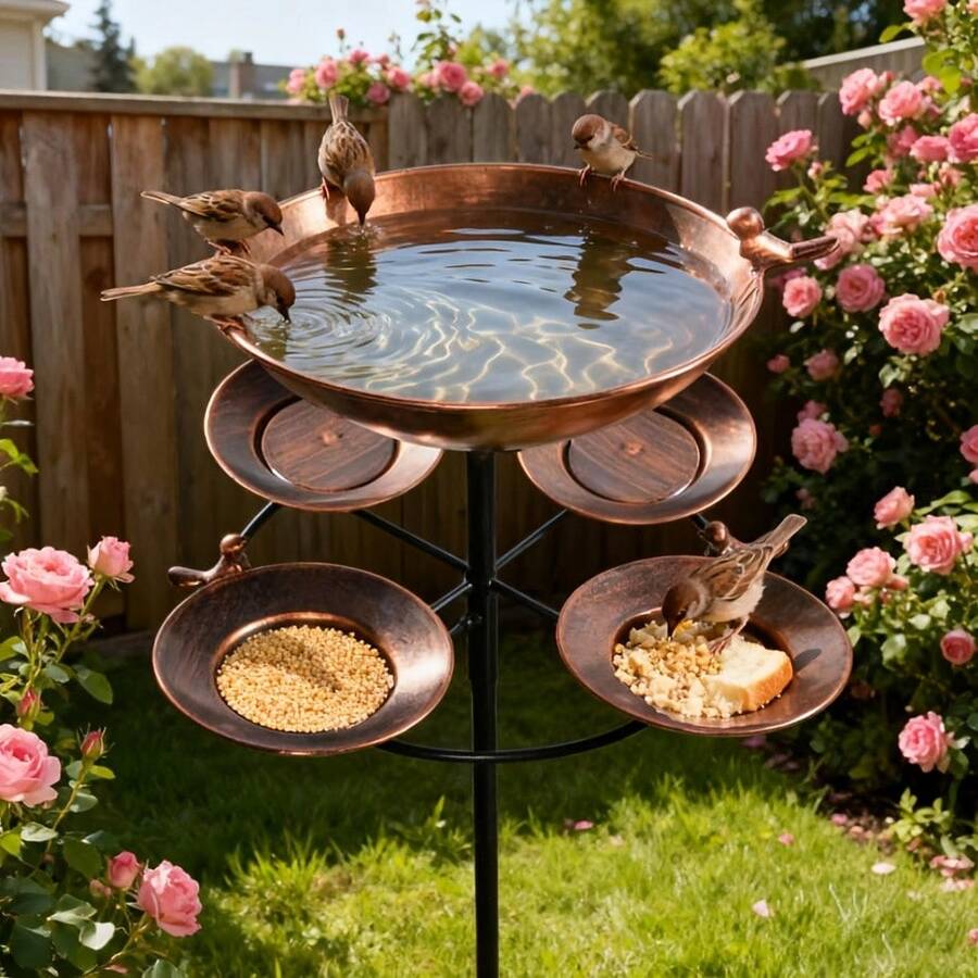 Antique Bronze Metal Dual Tier Bird Bath & Feeder - 5 Bowl Capacity, Rust-Proof, Sturdy Base, Easy Clean Garden Decor For Bird Lovers - one-size - View 1