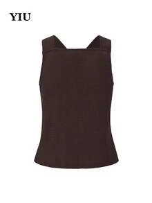 YIU Women's Sleeveless Ribbed Polyester Tank Top, Twist Detail Design, Regular Length Straps, Vacation Outfit, New Summer Item For Women - Brown - View 7