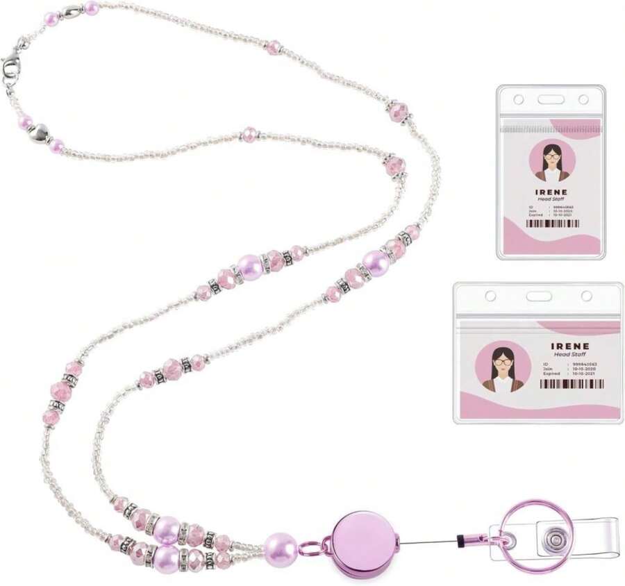 Teacher Lanyards For Id Badges And Keys, Beaded Badge Lanyard With Retractable Reel Pearl Necklace Cute Lanyards For Women (Pink) - ColorC - 查看 1