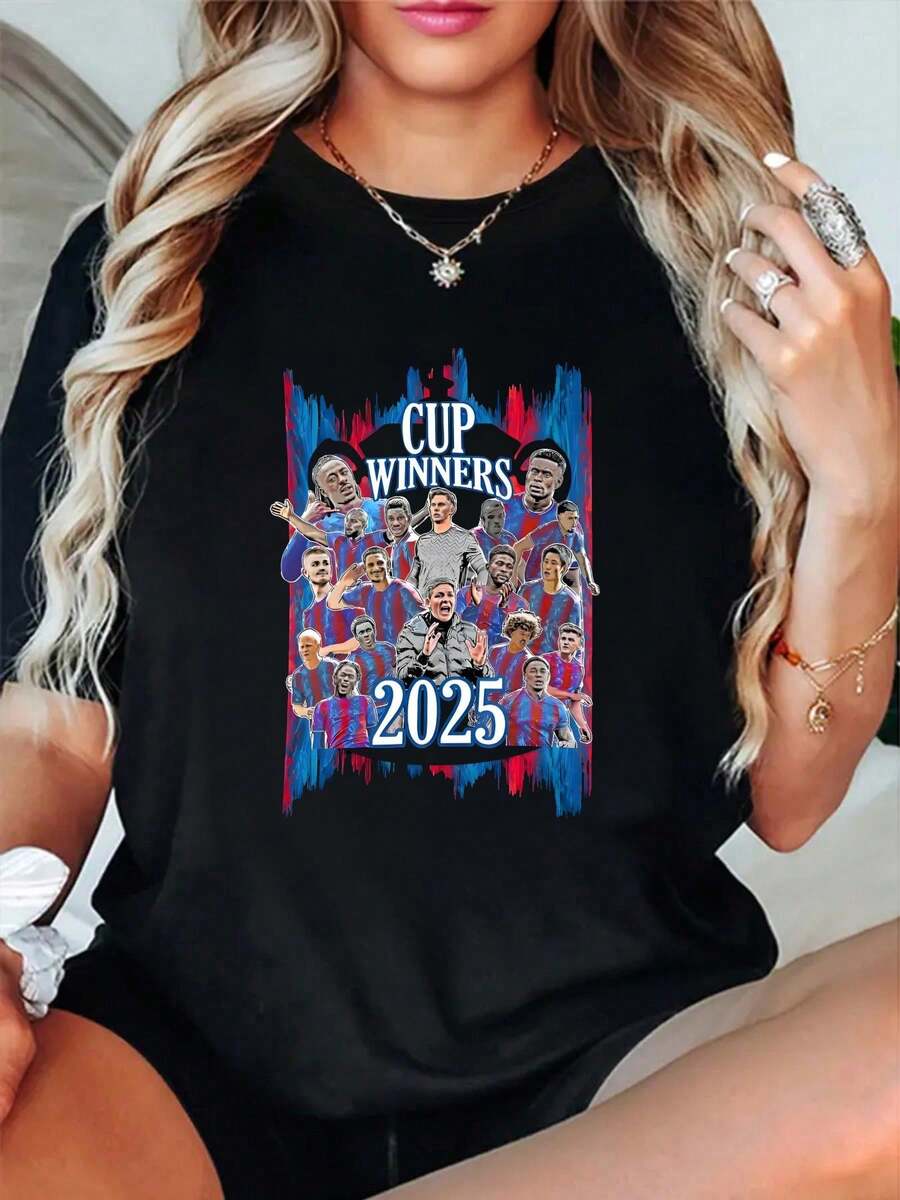 Camiseta de equipo ganador de la copa 2025 de algodón 100% con retrato de equipo, cuello redondo, manga corta, moda urbana, transpirable, suave, unisex - Negro - Ver 1