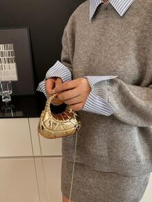 1pc Shiny Mini Bag, Fashion Glitter Ladies Handbag, Rhombus Pattern Evening Bag, Personalized Gold Women's Wallet, Earphone Mini Pouch, Can Hold Keys, Mini Bag, Ladies Bag, Cute Bag, With Detachable Strap Crossbody Chain Clutch - Gold - View 7