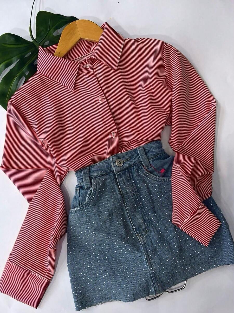 Polyester Button-Down Shirt, Everyday Wear, Spring/Summer/Winter - 粉紅色條紋 - 查看 1