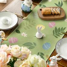 Green Rabbit, Egg, Leaf Flower Easter Table Runner, Seasonal Spring Kitchen Dining Table Decor For Home Party - Green - View 6