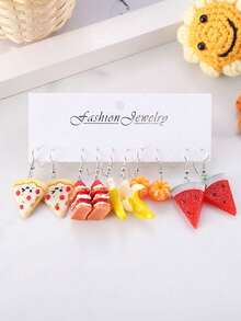 5对逼真水果主题耳环套装 - 3D巧克力、珍珠奶茶、蛋糕、披萨、香蕉、橙子、苹果吊坠、纸杯蛋糕、冰淇淋耳环，树脂食物造型首饰，女士礼物 - 彩色 - 查看 4