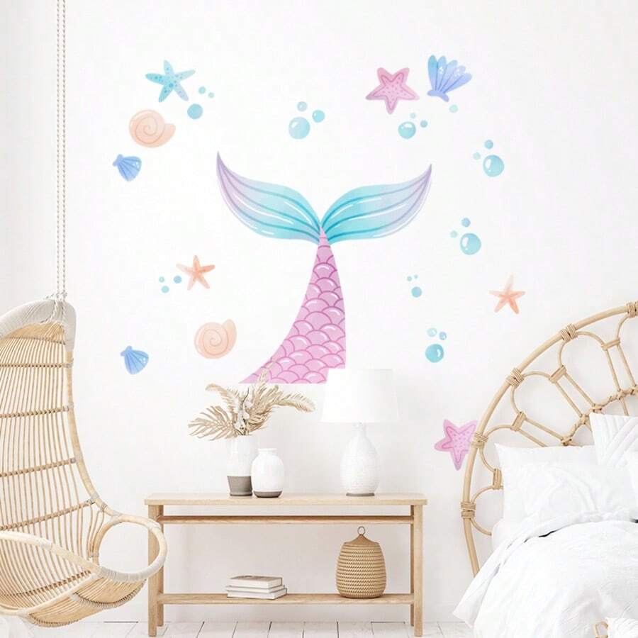 1pc Mermaid Tail Wall Stickers, Ocean Elements, Self Adhesive Stickers, Home Decoration, Room Decoration, Background Decoration, Living Room And Bedroom Decoration, PVC Waterproof Material, Detachable, No Adhesive Leave - Multicolor - View 1